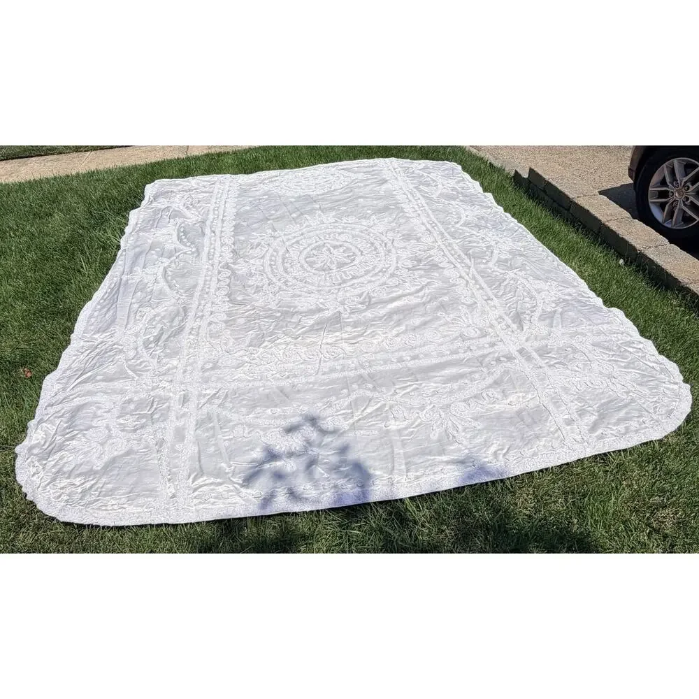 Vtg 50's EVERWEAR Chenille Satin Bedspread Cream White Full/Queen Hollywood Glam